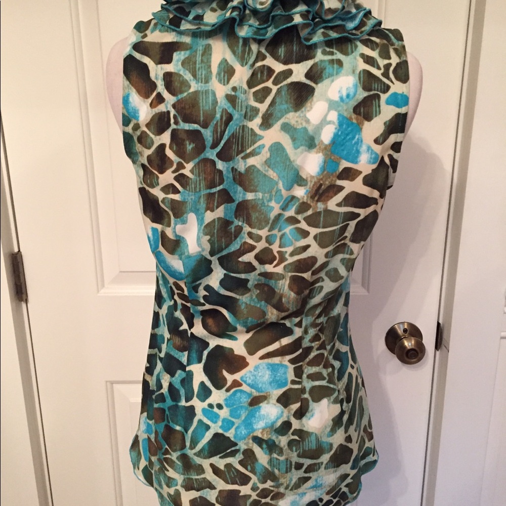 ETCETERA TOP BLOUSE SLEEVELESS BLUE WHITE BROWN PRINT RUFFLE Size 4 - Picture 4 of 6